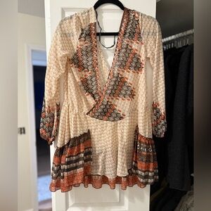 Free People Cream and Orange Patterned Blouse